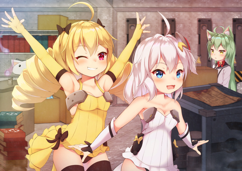 3girls ahoge akashi_(azur_lane) animal_ears armpits arms_up azur_lane bare_shoulders black_legwear black_panties blonde_hair blue_eyes breasts brown_eyes cat_ears character_request cleavage dress drill_hair elbow_gloves gloves green_hair highres ketsujou_nora long_hair multiple_girls one_eye_closed open_mouth outstretched_arms panties red_eyes short_dress silver_hair smile strapless strapless_dress thigh-highs trial_bullin_mkii_(azur_lane) twin_drills twintails underwear white_dress white_gloves yellow_dress yellow_gloves