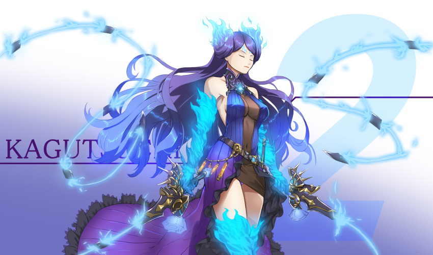 1girl absurdres breasts closed_eyes collarbone dress dual_wielding felice_qaddaf fire gloves highres horns kagutsuchi_(xenoblade) long_hair medium_breasts purple_hair simple_background weapon xenoblade xenoblade_2