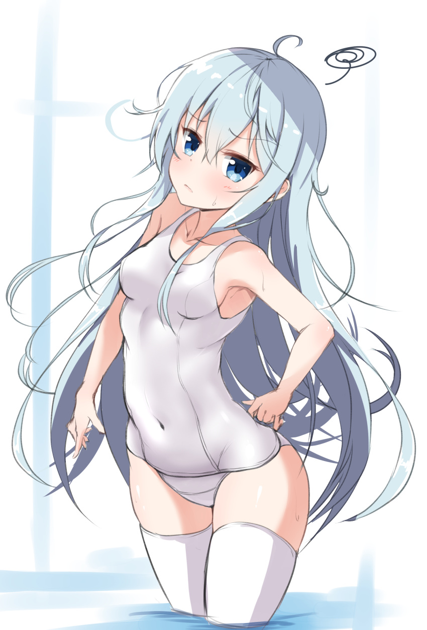 1girl absurdres ahoge armpits blue_eyes commentary_request cowboy_shot hibiki_(kantai_collection) highres kantai_collection kirikan long_hair looking_at_viewer navel school_swimsuit silver_hair solo standing swimsuit white_legwear white_school_swimsuit white_swimsuit