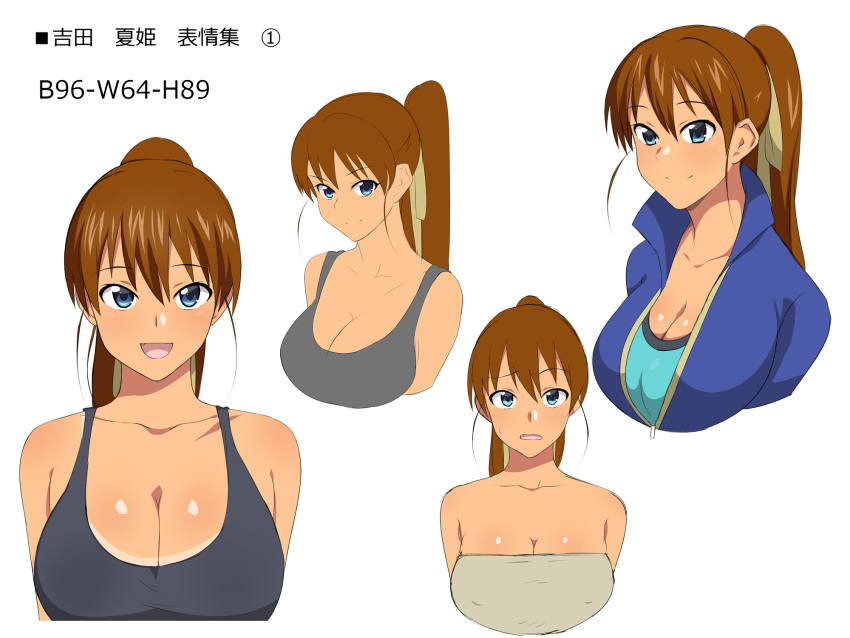 1girl breasts brown_hair character_sheet cleavage commentary_request erect_nipples fang hair_ribbon high_ponytail highres kagemusha large_breasts looking_at_viewer measurements original ribbon school_uniform smile solo tan tanline translation_request