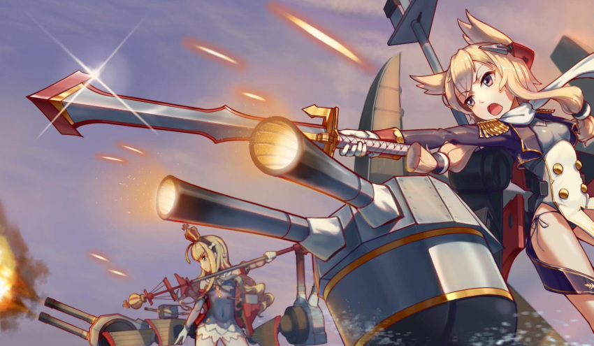 2girls azur_lane bare_shoulders black_dress black_panties blonde_hair breasts brown_eyes closed_mouth clouds commentary_request covered_navel crown curly_hair day detached_sleeves dress epaulettes eyebrows_visible_through_hair firing from_side gloves hair_between_eyes hairband highres holding holding_staff holding_sword holding_weapon long_hair machinery mini_crown multiple_girls outdoors outstretched_arm panties queen_elizabeth_(azur_lane) shippuki short_hair_with_long_locks side-tie_panties sidelocks sky small_breasts staff standing sword underwear v-shaped_eyebrows very_long_hair warspite_(azur_lane) weapon white_gloves