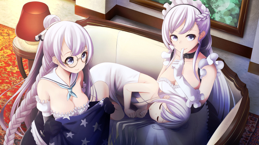 3girls absurdres apron azur_lane bangs belfast_(azur_lane) black_gloves blue_eyes braid breasts chains cleavage closed_eyes closed_mouth collar commentary_request couch criss-cross_halter curled_up dress edinburgh_(azur_lane) elbow_gloves eyebrows_visible_through_hair finger_to_mouth from_above glasses gloves green_neckwear halterneck hand_up highres index_finger_raised indoors lamp lap_pillow large_breasts long_hair looking_at_viewer lying maid maid_apron maid_headdress metal_collar multiple_girls neckerchief nekobaka on_couch on_side painting_(object) parted_lips picture_frame purple_hair rug sailor_collar shushing sitting sleeping smile table unicorn_(azur_lane) very_long_hair white_dress white_gloves white_sailor_collar