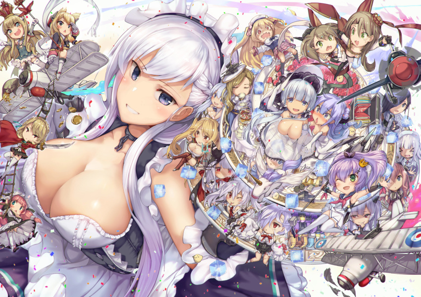 animal_ears apron azur_lane bangs belfast_(azur_lane) blonde_hair blue_eyes blush bow braid breasts chains character_request cleavage closed_mouth collar collarbone commentary_request corset crown detached_sleeves dress elbow_gloves eyebrows_visible_through_hair french_braid frilled_apron frills gloves hair_between_eyes hair_bow hair_ornament hairband hat headgear highres illustrious_(azur_lane) large_breasts long_hair looking_at_viewer low_twintails maid maid_apron maid_headdress mini_crown mole mole_under_eye multiple_girls open_mouth panties queen_elizabeth_(azur_lane) satou_daiji scarf silver_hair smile thigh-highs twintails underwear violet_eyes warspite_(azur_lane) white_apron white_dress white_gloves white_hair white_scarf