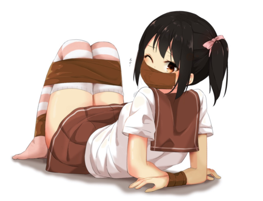 1girl arm_support arms_behind_back bdsm black_hair blush bondage bound bound_ankles bound_arms bound_legs bow brown_eyes brown_skirt gag gagged hair_bow hoojiro_(found1093) improvised_gag looking_at_viewer looking_back miniskirt one_eye_closed original pink_bow pleated_skirt school_uniform serafuku short_sleeves side_ponytail sidelocks skirt solo striped striped_legwear tape tape_bondage tape_gag thigh-highs tied_up trembling white_background