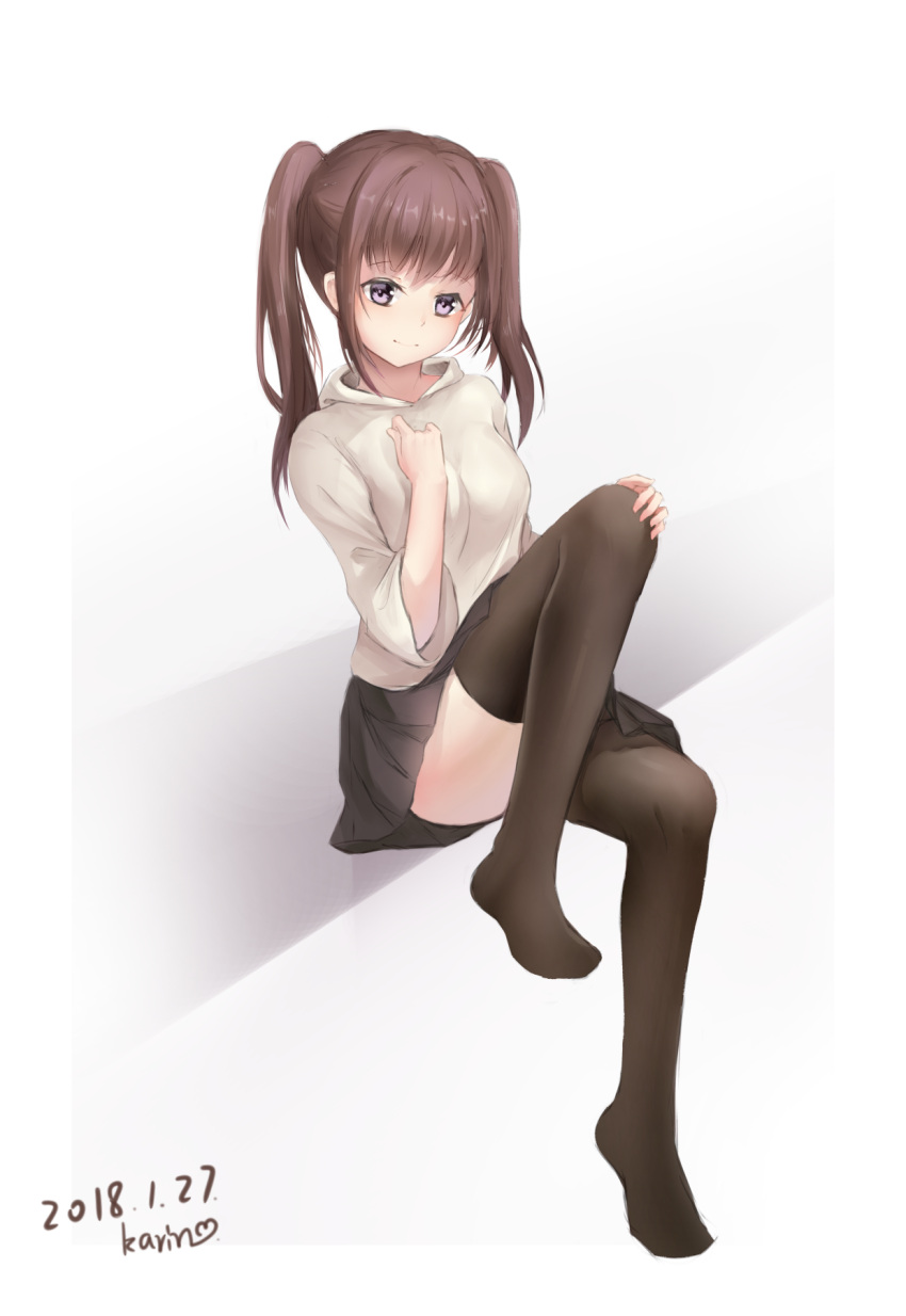 1girl bangs black_legwear black_skirt breasts brown_hair closed_mouth commentary_request dated eyebrows_visible_through_hair hand_on_own_chest head_tilt highres hood hood_down hoodie karin_(fineyanny) long_hair medium_breasts no_shoes original pleated_skirt school_uniform sidelocks signature sitting skirt solo thigh-highs twintails violet_eyes white_hoodie