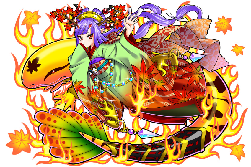 1girl autumn_leaves blue_hair dragon_egg fire flame hair_ornament hair_stick highres japanese_clothes kimono leaf leaf_print long_hair looking_at_viewer maple_leaf mito_amatsu oni_horns pointy_ears red_eyes salamander solo very_long_hair wide_sleeves