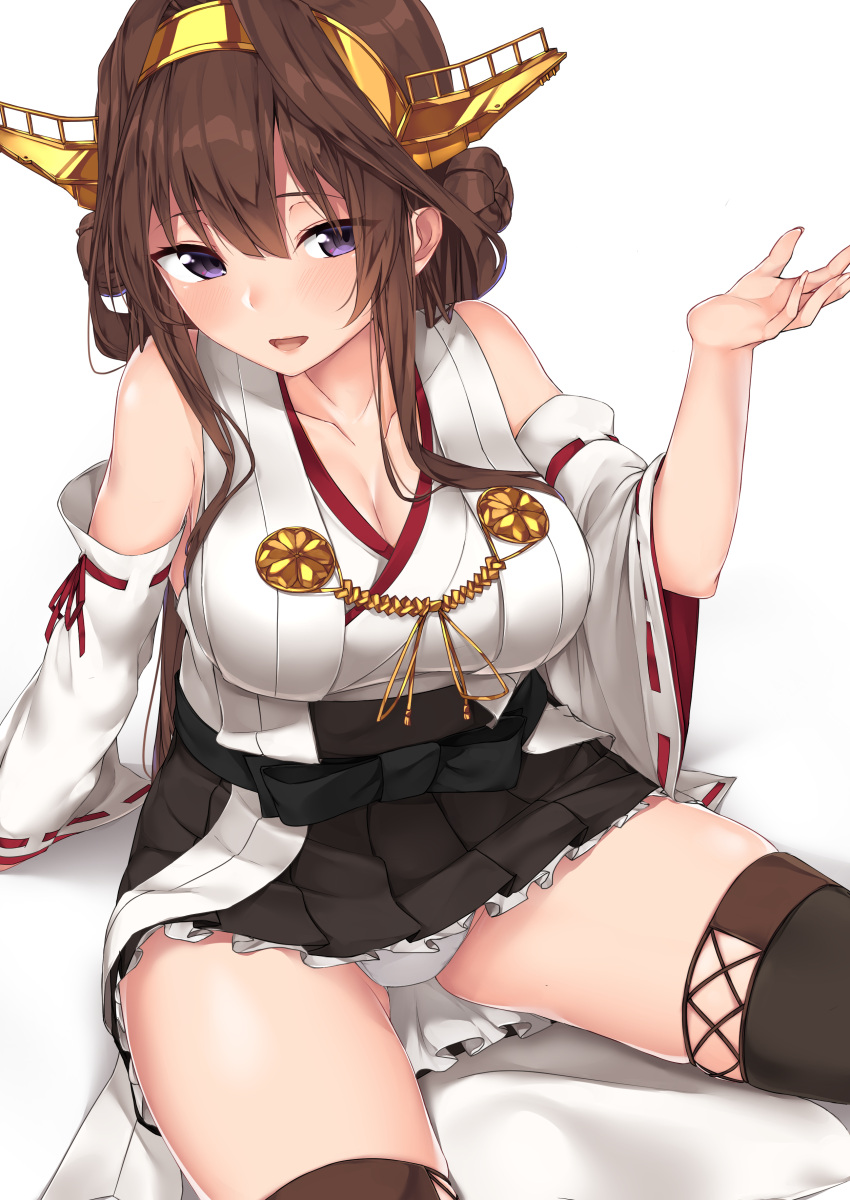 1girl :d absurdres bare_shoulders black_legwear black_skirt boots breasts brown_hair detached_sleeves double_bun hairband headgear highres hinacalibur japanese_clothes kantai_collection kongou_(kantai_collection) large_breasts long_hair nontraditional_miko open_mouth pleated_skirt ribbon-trimmed_sleeves ribbon_trim simple_background skirt smile solo thigh-highs thigh_boots violet_eyes white_background wide_sleeves