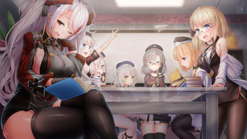 6+girls :d arm_up armband azur_lane bangs bare_shoulders beret black_dress black_gloves black_hat black_legwear blonde_hair blue_eyes blue_hat blunt_bangs blush book book_stack breasts brown_eyes brown_hair closed_mouth doyouwantto dress eyebrows_visible_through_hair garrison_cap garter_straps glasses gloves hair_between_eyes hair_over_one_eye half_updo hand_on_own_cheek hat highres indoors jitome karlsruhe_(azur_lane) kneehighs koln_(azur_lane) large_breasts legs_crossed leipzig_(azur_lane) long_hair long_sleeves looking_at_another looking_at_viewer low_twintails mole mole_on_breast multicolored_hair multiple_girls off_shoulder one_eye_closed open_book open_mouth outstretched_arm outstretched_leg pantyhose paper_airplane parted_lips pink_eyes plant prinz_eugen_(azur_lane) red-framed_eyewear redhead rimless_eyewear see-through short_sleeves signature silver_hair sitting smile standing streaked_hair stuffed_chicken sweatdrop table tears twintails uniform v-shaped_eyebrows very_long_hair violet_eyes wavy_mouth z1_leberecht_maass_(azur_lane) z23_(azur_lane) z46_(azur_lane)