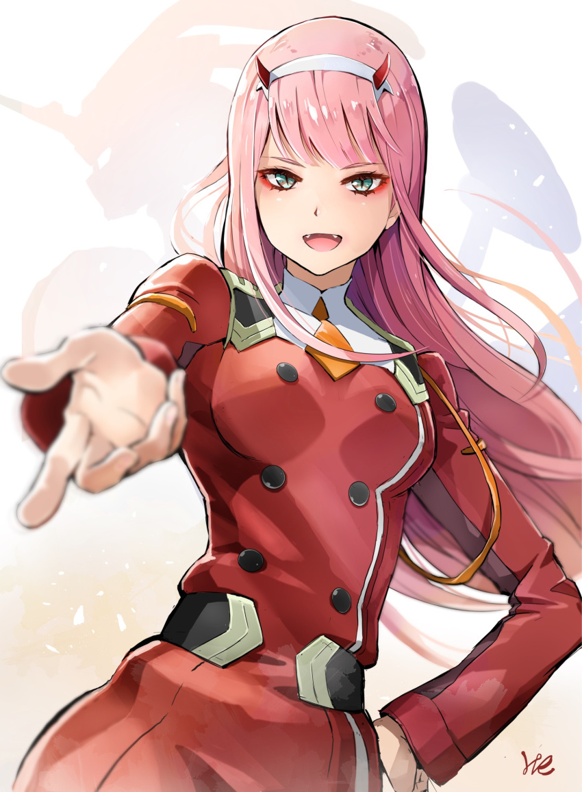 1girl :d bangs blunt_bangs blurry blurry_foreground breasts commentary_request darling_in_the_franxx depth_of_field eyeshadow fangs green_eyes hairband hand_on_hip highres horns hoshizaki_reita jacket long_hair long_sleeves looking_at_viewer makeup medium_breasts necktie open_mouth orange_neckwear pink_hair reaching_out red_jacket shirt signature smile solo standing upper_body white_shirt zero_two_(darling_in_the_franxx)