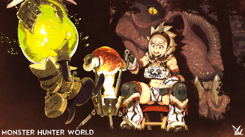 1girl :d anjanath arm_rest armor bag bangs bare_shoulders blue_eyes bone boned_meat boots cooking copyright_name dinosaur dragon felyne fire food full_body fur_trim gauntlets gloves gluteal_fold hairband hand_up hat highres holding horn insect kingtime kirin_(armor) loincloth meat medium_hair midriff monster_hunter monster_hunter:_world navel nostrils open_mouth sharp_teeth signature sitting skindentation slit_pupils smile stomach strapless teeth thigh-highs thigh_boots tubetop vest white_hair yellow_eyes