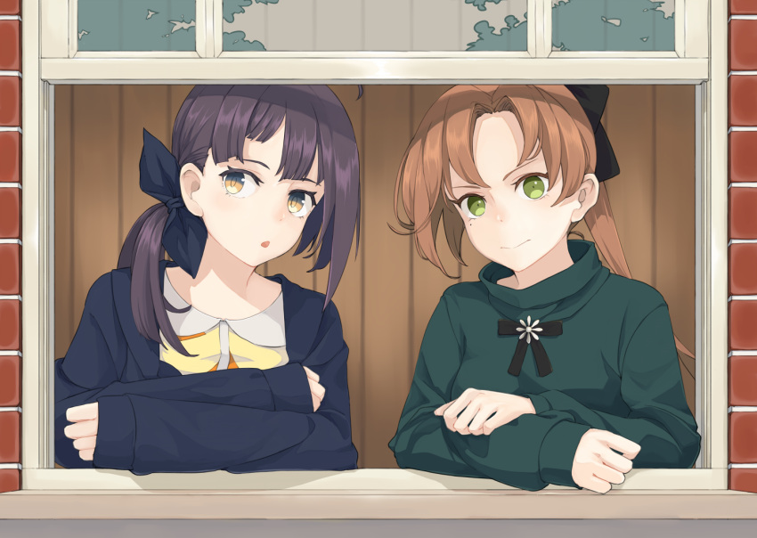 2girls ahoge akigumo_(kantai_collection) black_hair black_jacket black_ribbon brown_hair fujinami_(kantai_collection) green_eyes green_sweater hair_ribbon jacket kantai_collection long_hair looking_at_viewer multiple_girls ponytail ribbon side_ponytail ueno_(sakumogu-029) window yellow_eyes