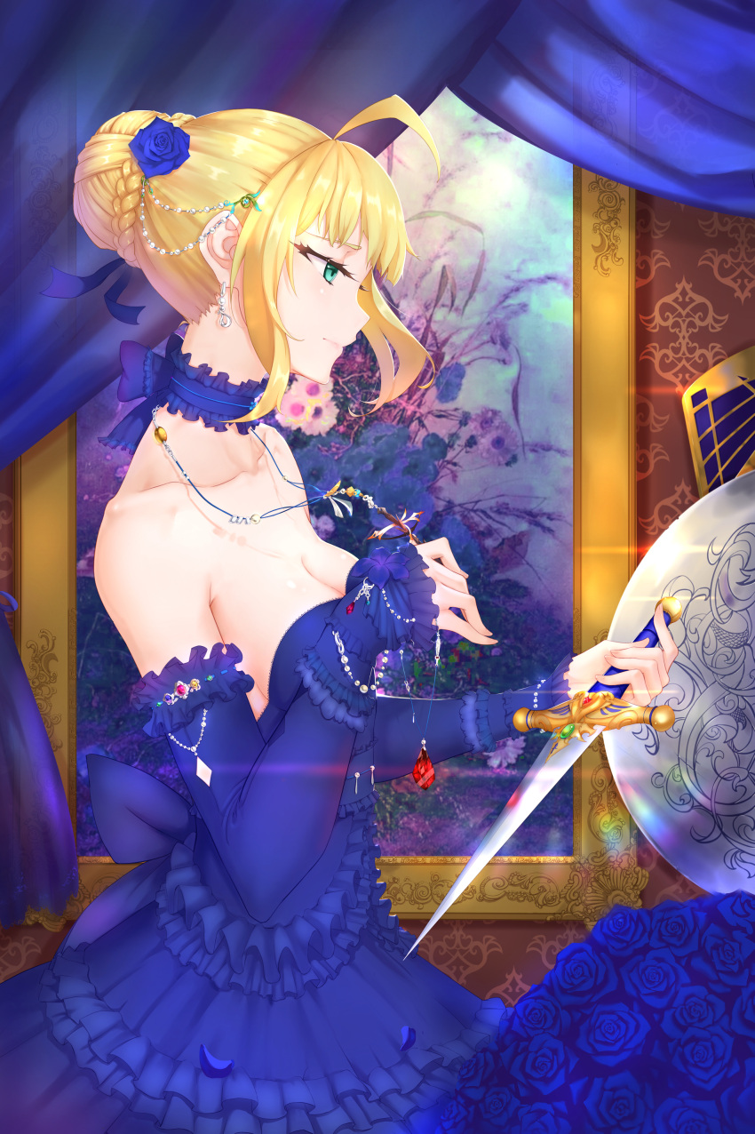 absurdres ahoge alternate_costume armlet artoria_pendragon_(all) avalon_(fate/stay_night) bangs bare_shoulders blonde_hair blue_choker blue_dress blue_flower blue_rose bracelet braid breasts choker cleavage closed_mouth curtains dagger detached_sleeves dress evan_(912319) fate/stay_night fate_(series) flower frilled_dress frills from_side gem green_eyes hair_bun hair_flower hair_ornament head_chain highres jewelry long_sleeves medium_breasts necklace painting_(object) ribbon-trimmed_sleeves ribbon_trim rose saber shield sleeves_past_wrists strapless strapless_dress weapon