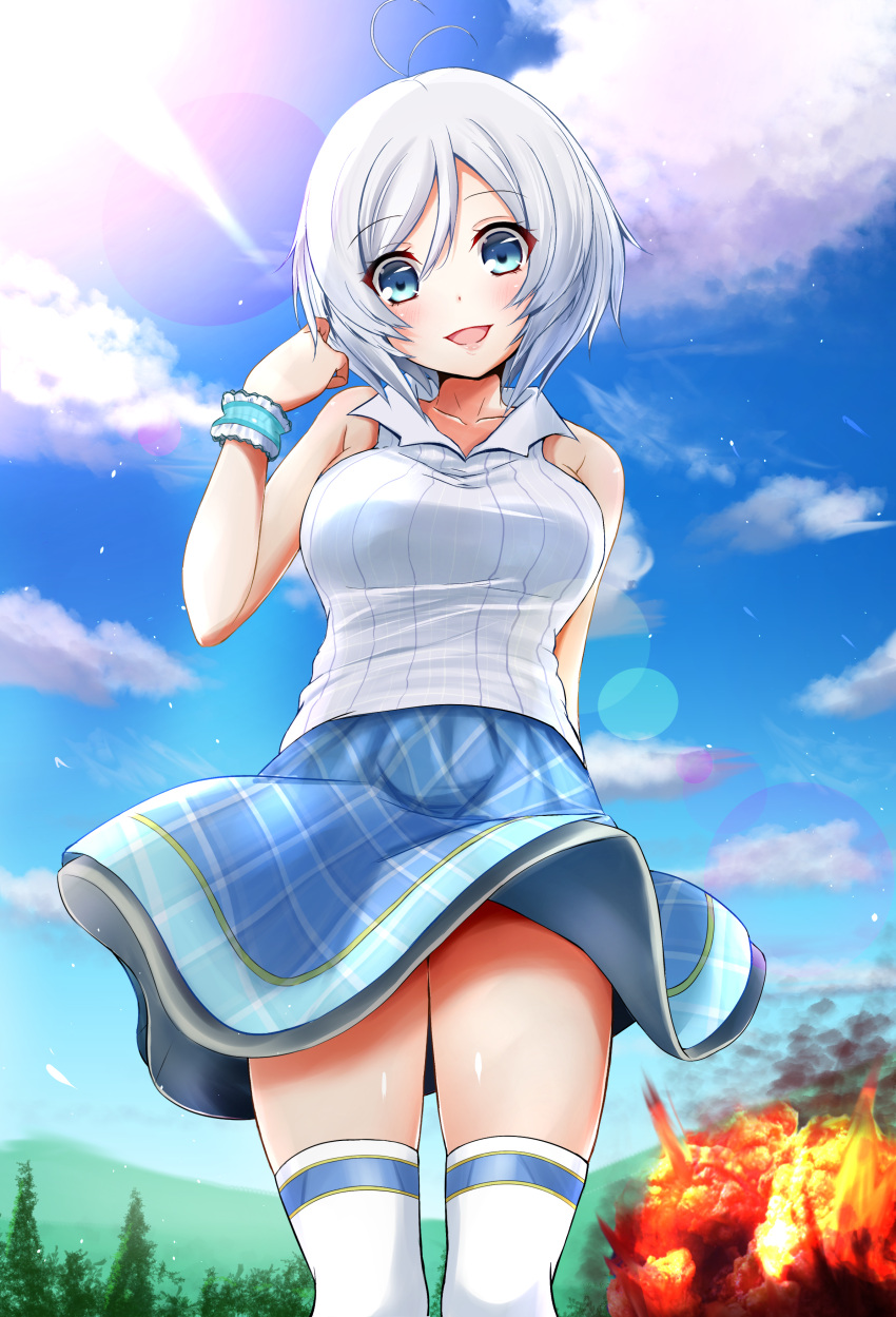 1girl absurdres antenna_hair bare_shoulders blue_eyes blue_skirt breasts clouds collared_shirt dennou_shoujo_youtuber_shiro ex_idol explosion eyebrows_visible_through_hair highres large_breasts lens_flare looking_at_viewer open_mouth outdoors shiro_(dennou_shoujo_youtuber_shiro) shirt short_hair silver_hair skirt skirt_lift sky sleeveless sleeveless_shirt smile solo thigh-highs white_legwear wind wind_lift