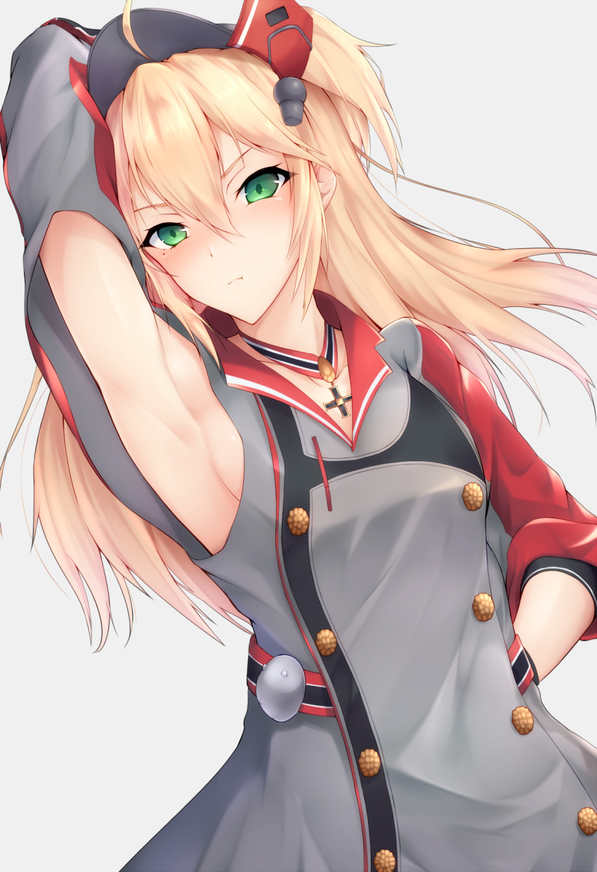 1girl admiral_hipper_(azur_lane) ahoge arm_up armpit_cutout armpits azur_lane bangs belt blonde_hair blush breasts choker closed_mouth collarbone frustrated gloves green_eyes grey_background hair_between_eyes half-closed_eyes hand_behind_head hand_on_hip hat head_tilt headgear highres iron_cross long_hair looking_at_viewer military military_uniform mole mole_under_eye multicolored multicolored_clothes open_mouth ranju_aira sidelocks simple_background small_breasts solo two_side_up uniform upper_body