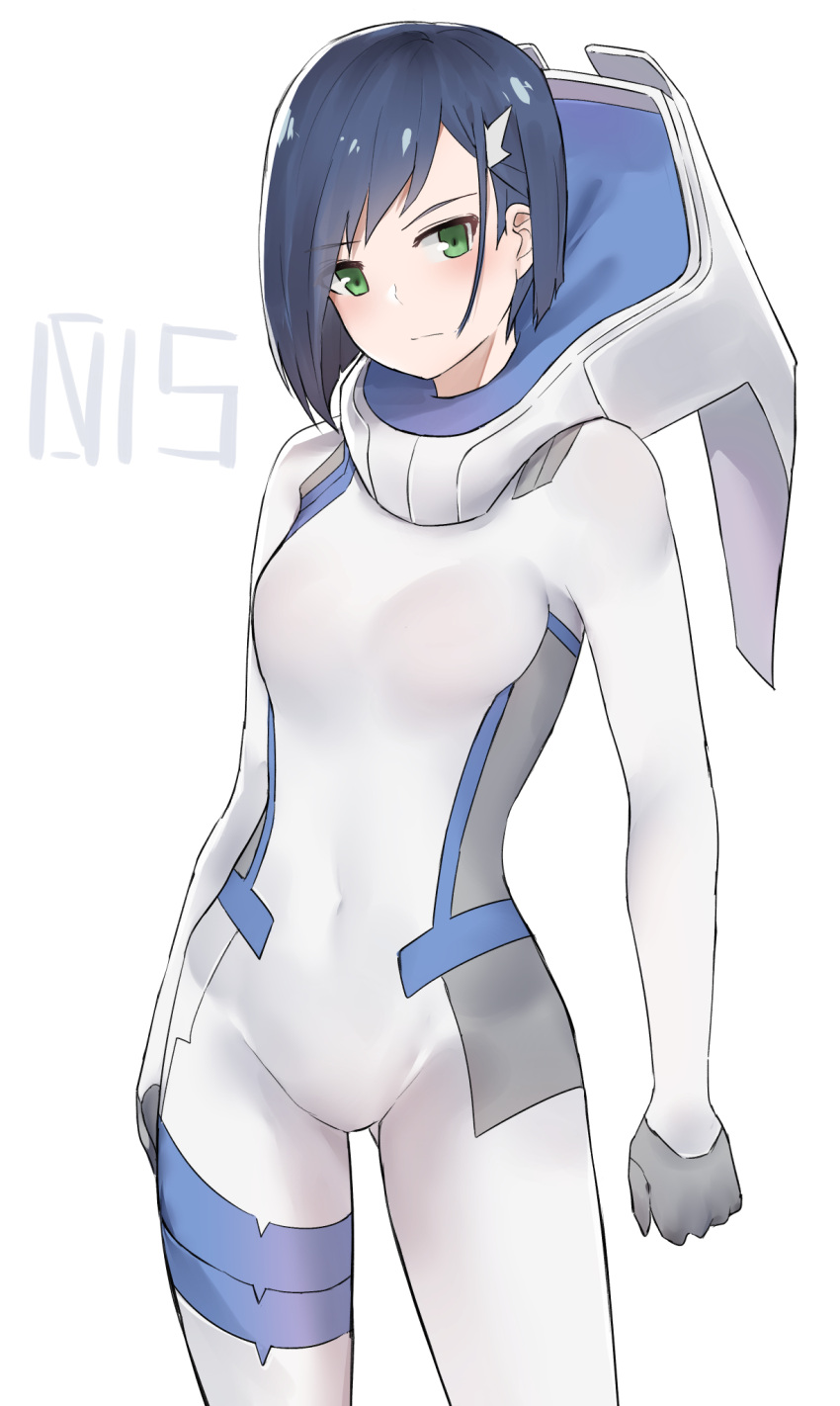 1girl blue_hair character_name commentary cowboy_shot darling_in_the_franxx eyebrows_visible_through_hair green_eyes hair_ornament hair_over_one_eye hairclip highres ichigo_(darling_in_the_franxx) looking_at_viewer norman_maggot pilot_suit short_hair simple_background skin_tight solo white_background