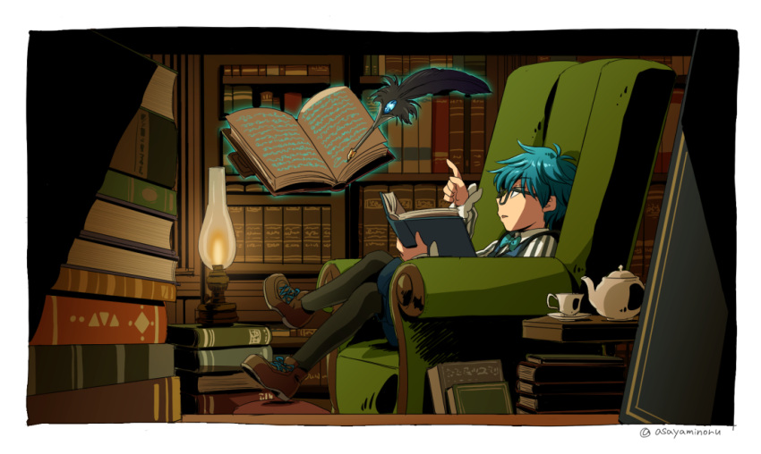 1boy arm_up armchair asaya_minoru black-framed_eyewear black_legwear blue_eyes blue_hair blue_neckwear blue_shorts blue_vest book bookshelf boots bow bowtie brown_footwear chair collared_shirt cup fate/extra fate/extra_ccc fate_(series) glasses hans_christian_andersen_(fate) holding holding_book legs_crossed library long_sleeves magic male_focus oil_lamp open_book parted_lips pointing profile puffy_shorts quill saucer shirt shorts sitting solo striped striped_shirt teacup teapot thigh-highs twitter_username vest