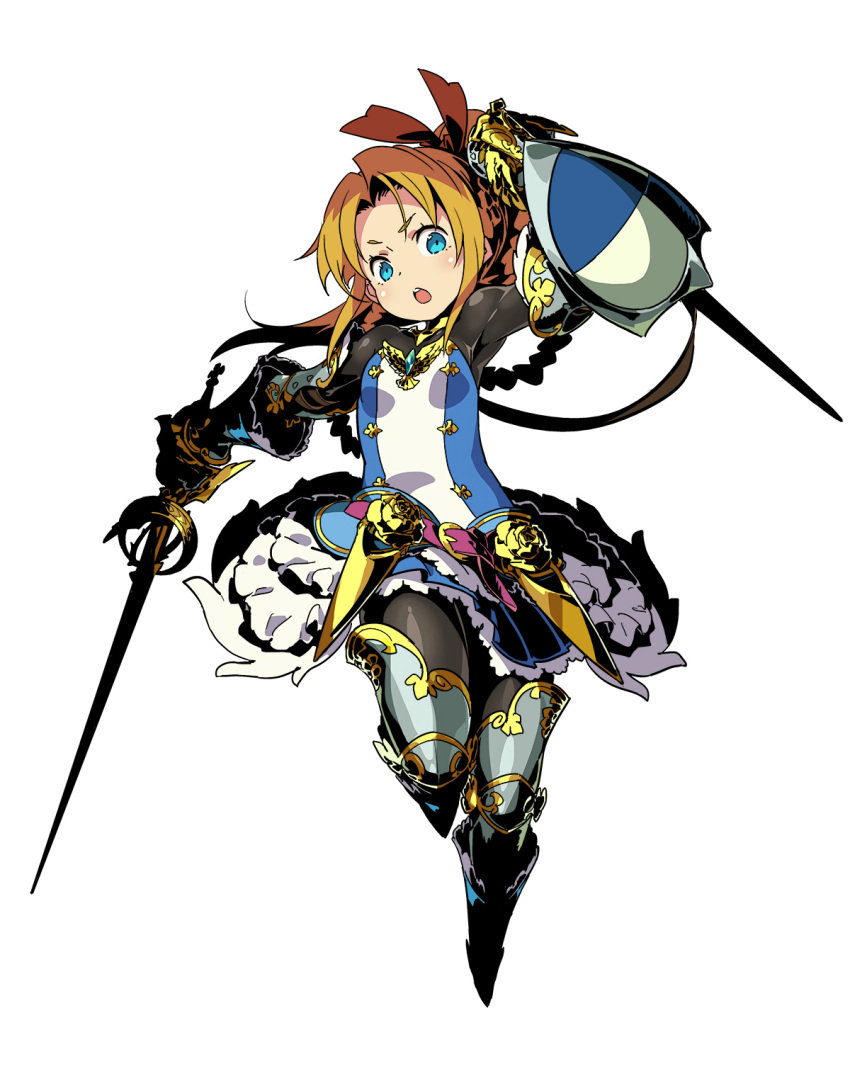 1girl :o arm_up armor armored_boots blonde_hair blue_eyes boots braid buckler fencer_(sekaiju) french_braid gauntlets highres himukai_yuuji holding holding_sword holding_weapon looking_at_viewer official_art open_mouth sekaiju_no_meikyuu shield simple_background skirt solo sword thigh-highs thigh_boots upper_teeth weapon white_background