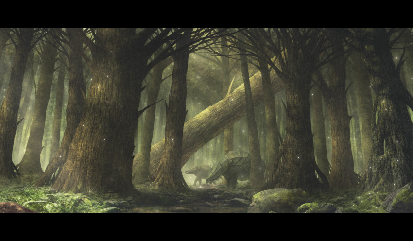 commentary_request creature dappled_sunlight day deviantartconcubot fallen_tree fantasy forest grass highres letterboxed light_particles moss nature no_humans outdoors plant rock sunlight tree