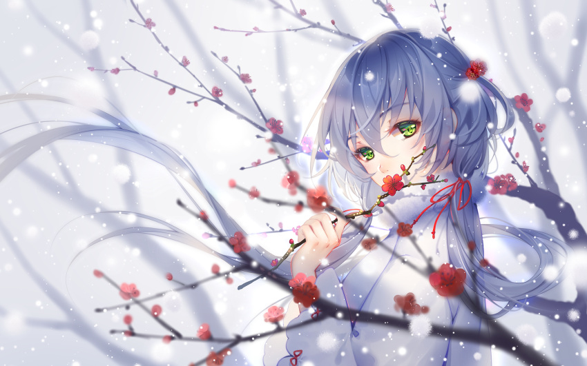 1girl bangs blurry blush depth_of_field eyebrows_visible_through_hair floating_hair green_eyes hair_between_eyes highres holding long_hair long_sleeves looking_at_viewer looking_back low_twintails luo_tianyi sidelocks snowing solo tidsean twintails vocaloid vocanese winter