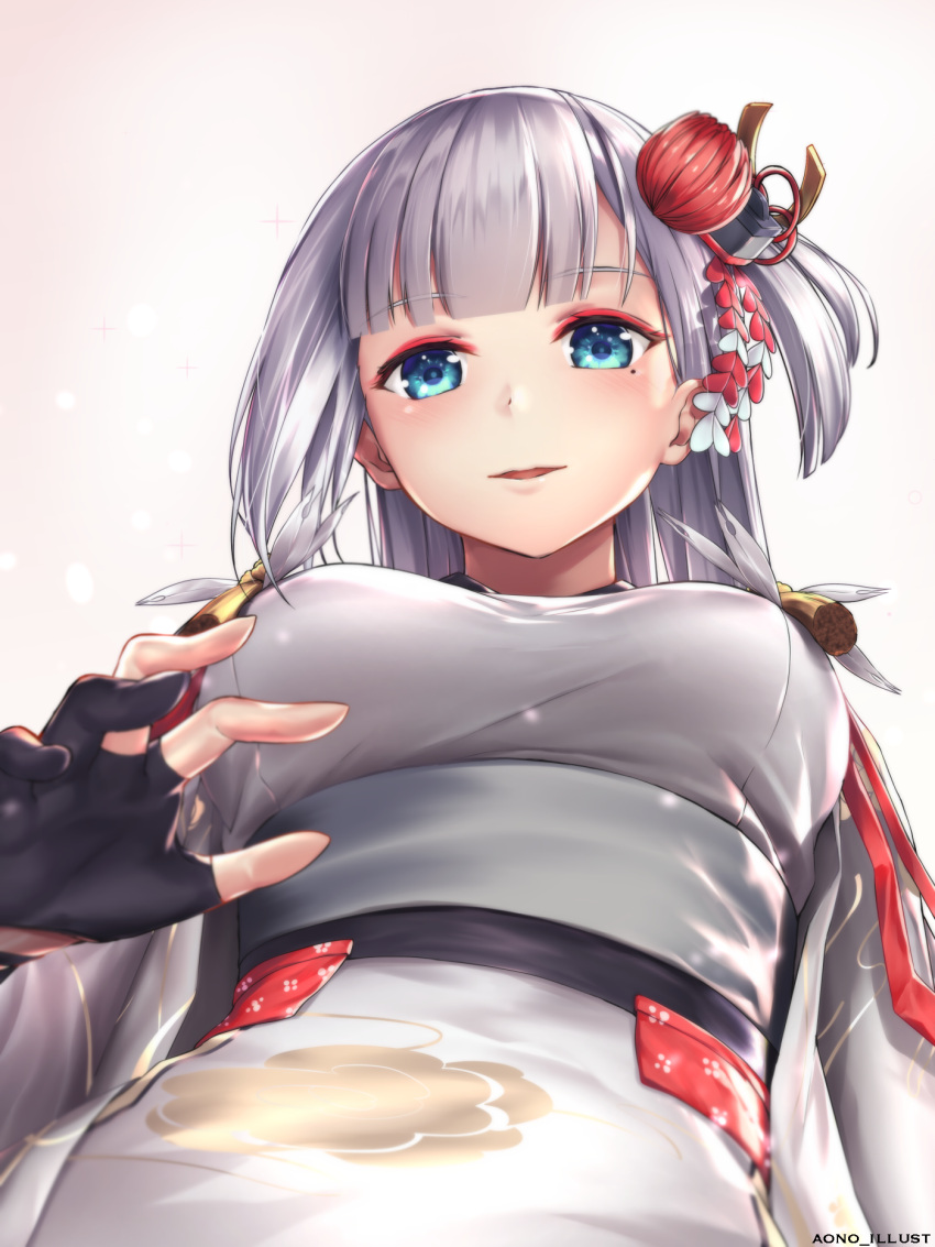 1girl aono_illust artist_name azur_lane bangs black_gloves blue_eyes blunt_bangs blush breasts eyebrows_visible_through_hair eyeshadow gloves hair_ornament highres japanese_clothes kimono lap_pillow large_breasts light_particles long_hair looking_at_viewer makeup mole mole_under_eye open_mouth partly_fingerless_gloves reaching_out shoukaku_(azur_lane) sidelocks silver_hair simple_background smile solo sparkle tareme tassel wide_sleeves