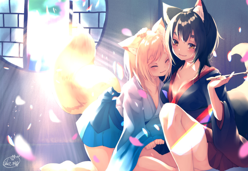 2girls animal_ears bangs black_hair black_kimono blonde_hair blue_hakama blush brown_eyes brown_skirt chita_(ketchup) closed_eyes closed_mouth commentary_request eyebrows_visible_through_hair fox_ears fox_girl fox_tail hair_between_eyes hakama hakama_skirt hand_on_another's_head highres holding holding_pipe indoors japanese_clothes kimono kiseru long_hair long_sleeves multiple_girls original petals pipe pleated_skirt round_window short_kimono signature skirt smile sunlight tail thick_eyebrows white_kimono wide_sleeves