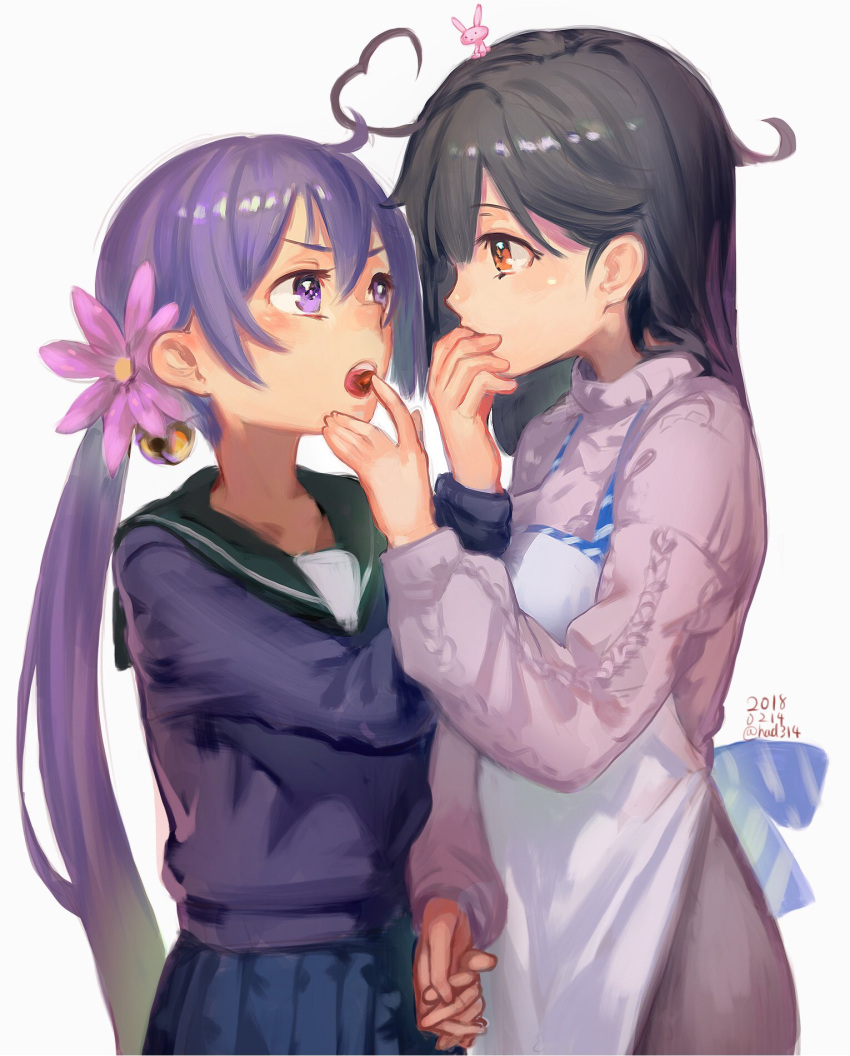 2girls ahoge akebono_(kantai_collection) alternate_costume animal animal_on_head apron bell black_hair blue_skirt blush brown_eyes chocolate commentary cowboy_shot dated eye_contact flower food_in_mouth frown green_sailor_collar hair_bell hair_between_eyes hair_flower hair_ornament hand_holding highres jingle_bell kantai_collection long_hair long_sleeves looking_at_another lynchis multiple_girls on_head open_mouth pleated_skirt purple_hair rabbit round_teeth sailor_collar side_ponytail simple_background skirt sweater teeth twitter_username ushio_(kantai_collection) valentine very_long_hair violet_eyes white_background yuri