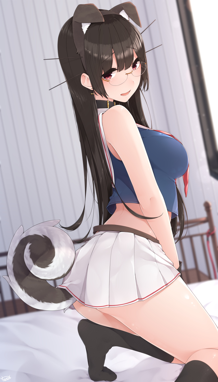 1girl :d absurdres animal_ears artist_name bed bed_sheet black_hair black_legwear breasts brown_gloves choukai_(kantai_collection) commentary_request dog_ears dog_tail eyebrows_visible_through_hair fake_animal_ears glasses gloves highres kantai_collection kneehighs large_breasts long_hair open_mouth pleated_skirt red_eyes rimless_eyewear signature skirt sleeveless smile solo tail white_skirt yukichi_(sukiyaki39)