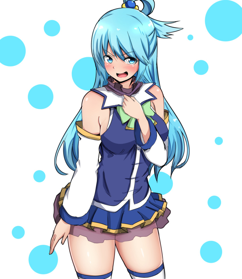 1girl :d aqua_(konosuba) baretto_(karasi07) blue_dress blue_eyes blue_hair blush breasts cowboy_shot detached_sleeves dress hair_rings highres kono_subarashii_sekai_ni_shukufuku_wo! long_hair looking_at_viewer medium_breasts open_mouth short_dress sideboob smile solo thigh-highs white_legwear zettai_ryouiki