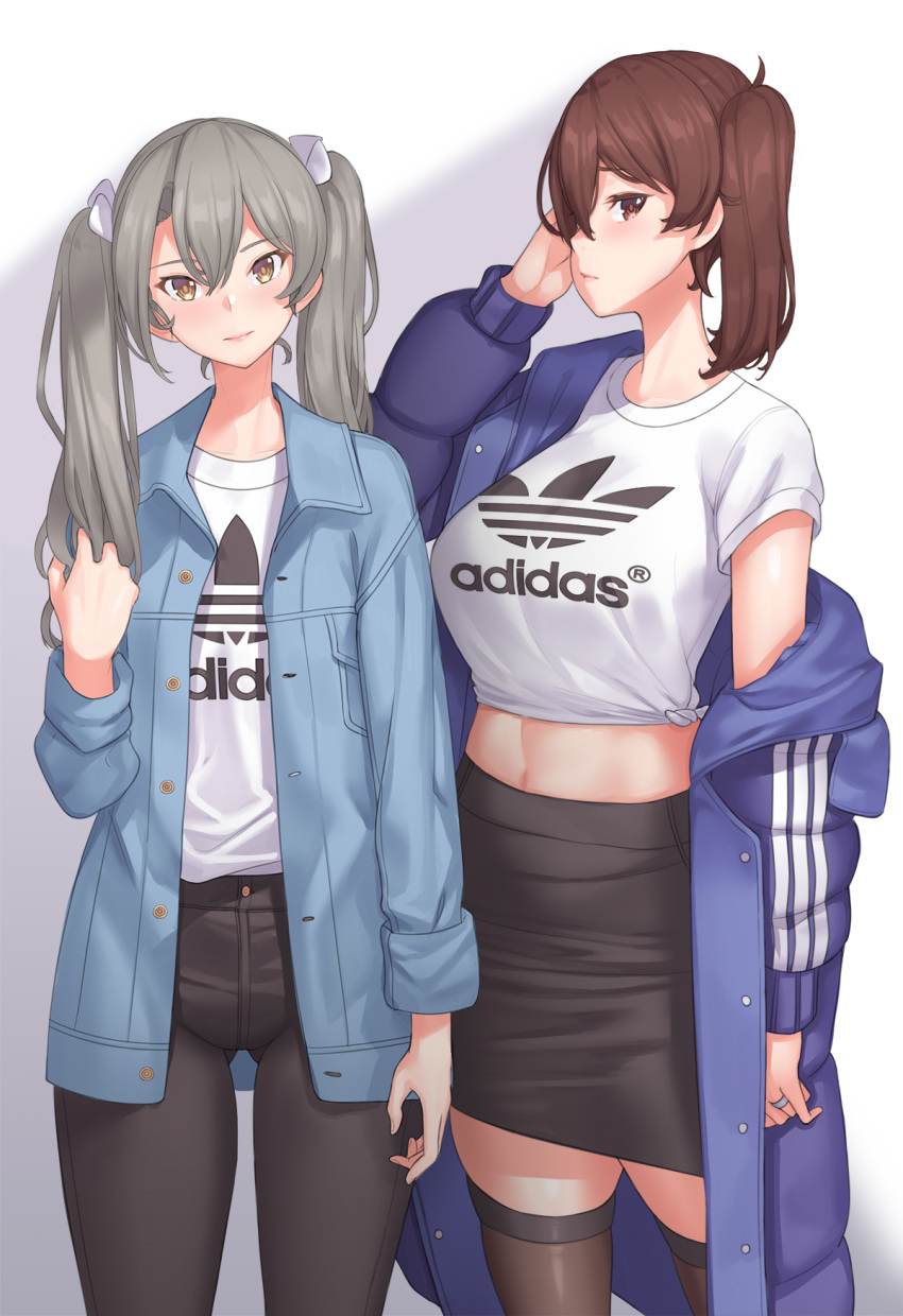 2girls adidas black_legwear black_pants black_skirt blush breasts brown_eyes brown_hair clothes_writing cowboy_shot franham gluteal_fold green_hair hair_between_eyes hair_over_one_eye hair_ribbon head_tilt highres jacket jewelry kaga_(kantai_collection) kantai_collection large_breasts logo long_hair looking_at_viewer midriff miniskirt multiple_girls navel off_shoulder open_clothes open_jacket pants pencil_skirt pink_lips ribbon ring shirt side_ponytail skin_tight skirt sleeves_folded_up smile standing t-shirt taut_skirt thigh-highs tied_shirt twintails wedding_band yellow_eyes zettai_ryouiki zuikaku_(kantai_collection)