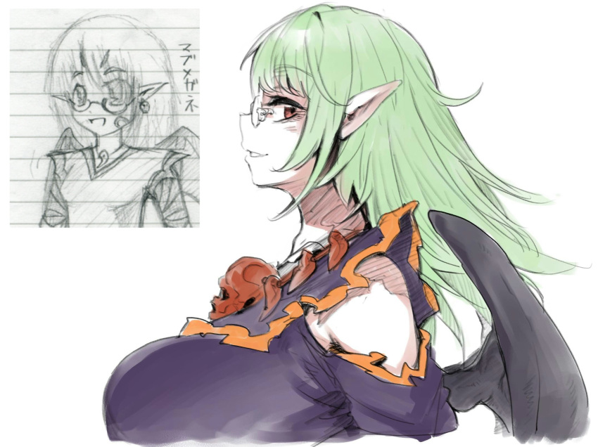 1girl anchors bangs bare_shoulders before_and_after black_wings breasts comparison earrings eyebrows eyebrows_visible_through_hair eyelashes from_side glasses green_hair highres jewelry large_breasts lined_paper long_hair looking_away looking_to_the_side magatama magatama_necklace original pointy_ears profile red_eyes sideways_mouth simple_background skull skull_earrings skull_necklace smile solo upper_body white_background wings