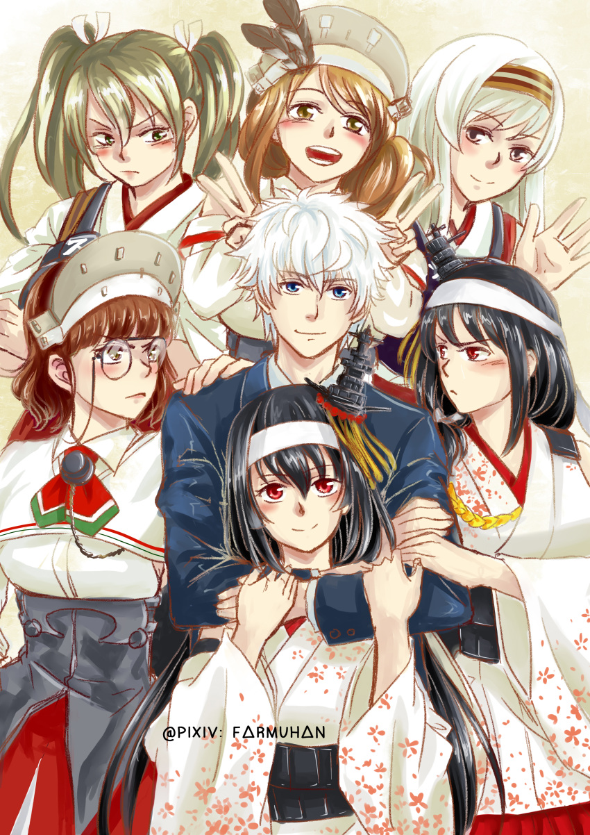 1boy 6+girls :d absurdres admiral_(kantai_collection) arm_hug artist_name black_hair blue_eyes blush brown_eyes brown_hair capelet detached_sleeves farmuhan feathers floral_print formal frown fusou_(kantai_collection) glasses green_hair hair_ornament hair_ribbon hairband hand_on_another's_shoulder headdress highres hug hug_from_behind italia_(kantai_collection) japanese_clothes jealous kantai_collection littorio_(kantai_collection) long_hair multiple_girls nontraditional_miko open_mouth pince-nez red_eyes remodel_(kantai_collection) ribbon roma_(kantai_collection) short_hair shoukaku_(kantai_collection) smile suit twintails v waving wavy_hair white_hair yamashiro_(kantai_collection) zuikaku_(kantai_collection)