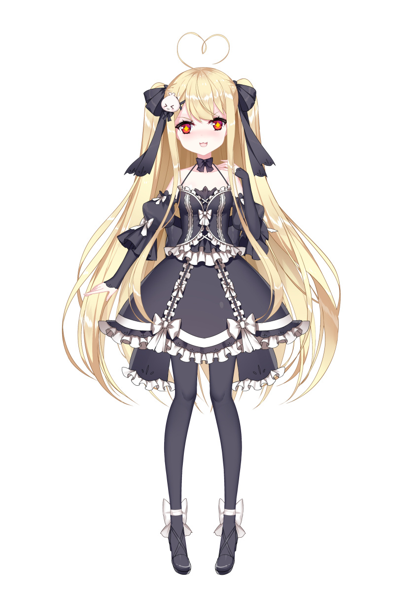 +_+ 1girl :3 :d absurdres ahoge bangs black_dress black_footwear black_legwear black_ribbon blonde_hair bow cat_hair_ornament collarbone detached_sleeves dress eyebrows_visible_through_hair fingernails frilled_dress frills full_body gothic_lolita hair_ornament hair_ribbon hand_up heart_ahoge high_heels highres lolita_fashion long_hair long_sleeves looking_at_viewer niliu_chahui open_mouth original pantyhose puffy_long_sleeves puffy_sleeves red_eyes ribbon sidelocks simple_background sleeves_past_wrists smile solo standing tokisaki_asaba two_side_up very_long_hair white_background white_bow