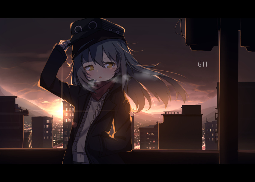 1girl alternate_costume bangs blush breathing brown_eyes building character_name cityscape clouds cloudy_sky darnell evening eyebrows_visible_through_hair floating_hair g11_(girls_frontline) girls_frontline grey_jacket hair_between_eyes hand_in_pocket hand_on_headwear hat highres holding jacket long_hair looking_at_viewer mountain open_clothes open_mouth pole rooftop scarf scarf_on_head scenery shirt sidelocks silver_hair sky solo standing sunset upper_body very_long_hair white_shirt