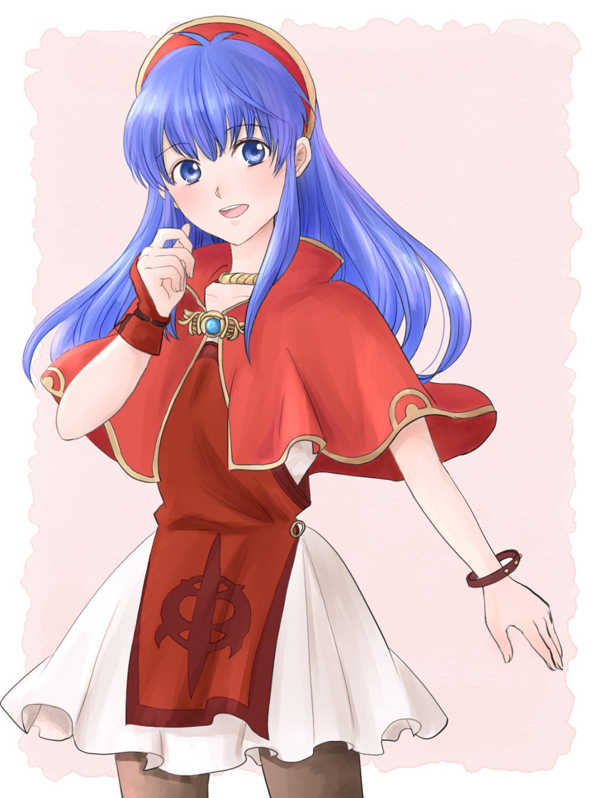 1girl artist_request blue_eyes blue_hair blush dress fire_emblem fire_emblem:_fuuin_no_tsurugi hat highres jewelry lilina long_hair looking_at_viewer open_mouth simple_background smile solo