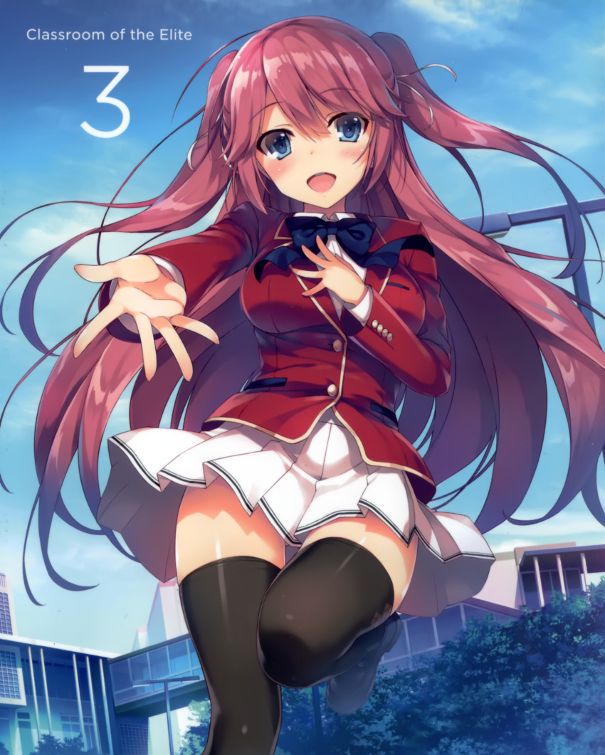 1girl bangs black_legwear blazer blue_eyes blue_sky blush bow bowtie breasts building buttons clouds day eyebrows_visible_through_hair hand_on_own_chest highres jacket loafers long_sleeves looking_at_viewer medium_breasts official_art one_leg_raised outdoors outstretched_hand pink_hair pleated_skirt sakura_airi school_uniform shoes skirt sky smile solo thigh-highs tomose_shunsaku twintails youkoso_jitsuryoku_shijou_shugi_no_kyoushitsu_e zettai_ryouiki