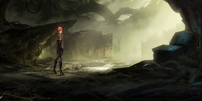 1girl absurdres ahoge asuteroid bangs black_cape black_gloves boots cape commentary_request gloves grey_legwear hair_between_eyes hairband high_heel_boots high_heels highres knife looking_at_viewer looking_back original outdoors red_eyes redhead scenery solo standing thigh-highs