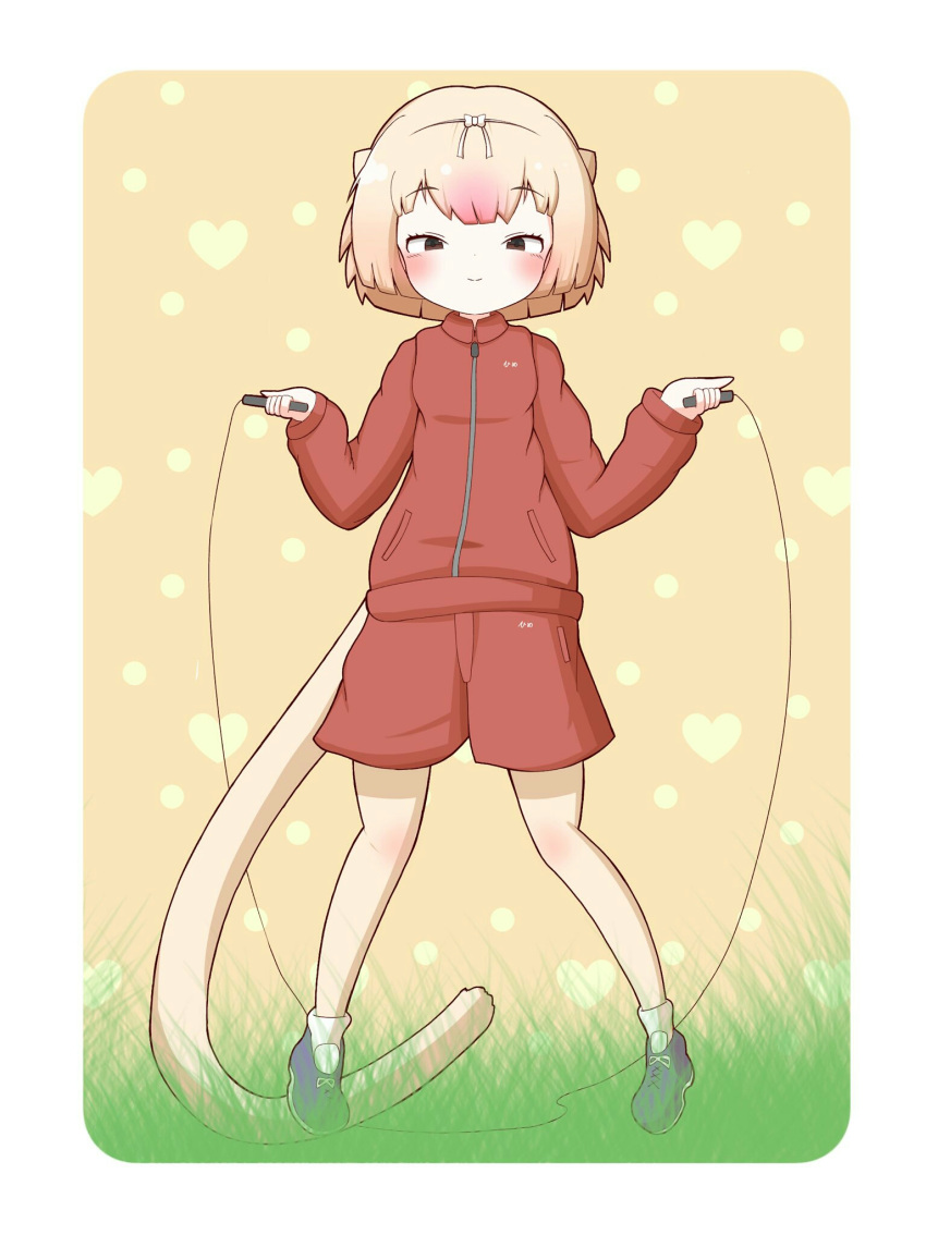 1girl alternate_costume anteater_ears anteater_tail blonde_hair blush bow grass hairband heart highres kemono_friends multicolored_hair pink_hair rakugakiraid silky_anteater_(kemono_friends) solo sportswear tail two-tone_hair