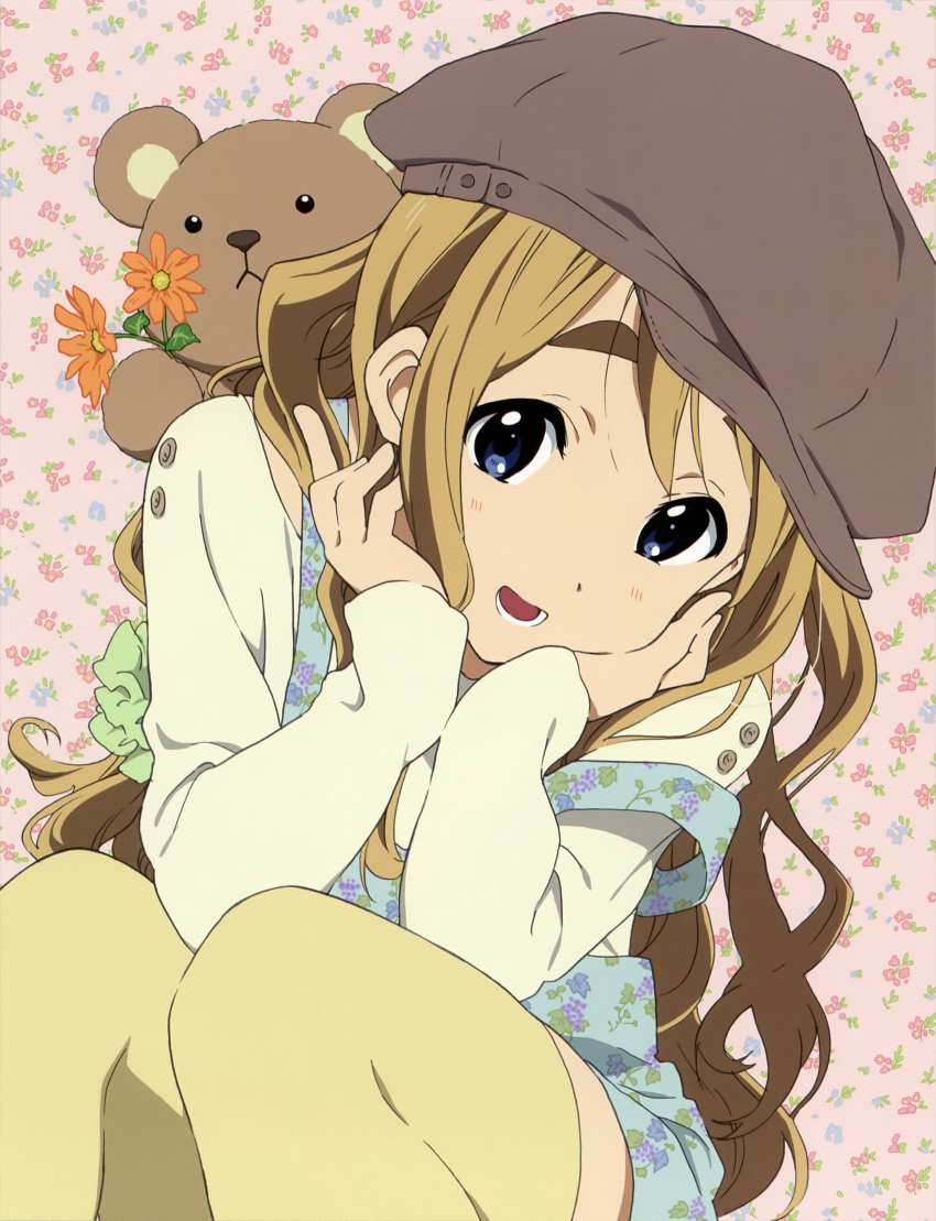 1girl artist_request blonde_hair blue_eyes blush brown_legwear eyebrows flower hands_on_own_face highres k-on! kotobuki_tsumugi looking_at_viewer open_mouth smile solo squatting stuffed_animal stuffed_toy teddy_bear teeth thick_eyebrows thigh-highs