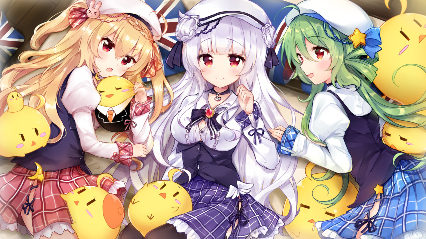 3girls :&lt; azur_lane bangs beret bird blonde_hair blue_skirt braid breasts chicken comet_(azur_lane) crescent_(azur_lane) cygnet_(azur_lane) double_bun eyebrows_visible_through_hair french_braid frilled_skirt frills frown fukunoki_tokuwa green_eyes hair_between_eyes hat highres long_hair long_sleeves looking_at_viewer multiple_girls open_mouth plaid plaid_skirt puffy_long_sleeves puffy_sleeves purple_skirt red_eyes red_skirt remodel_(azur_lane) side_slit silver_hair sitting skirt sleeves_past_wrists smile star two_side_up very_long_hair