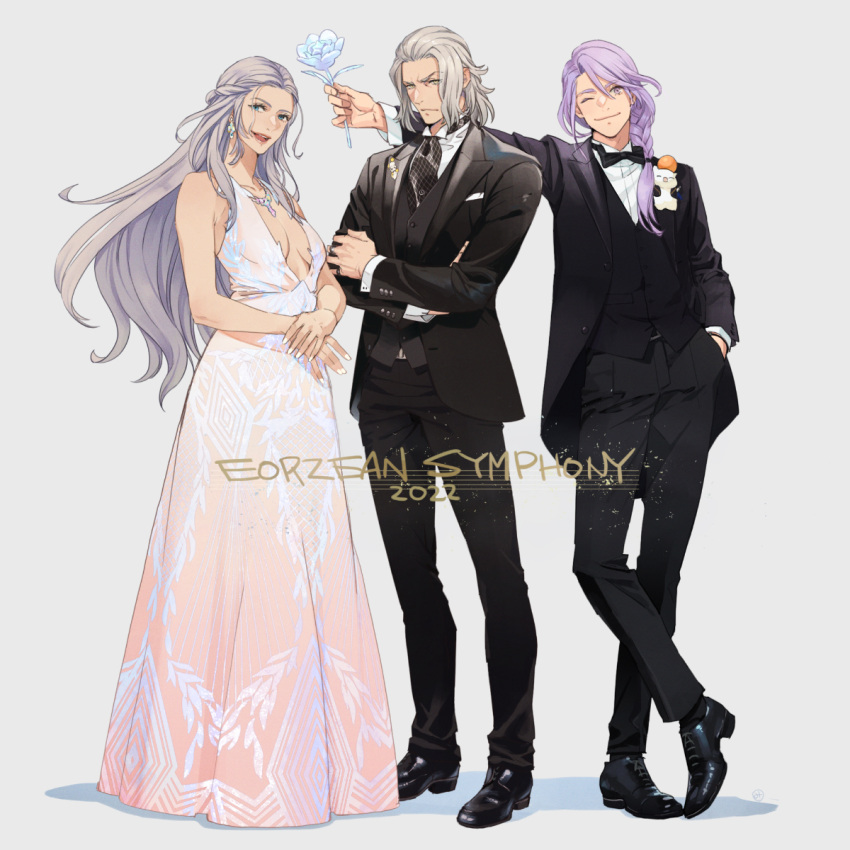 1girl 2boys amanda_achen bangs black_bow black_bowtie black_jacket black_suit bow bowtie braid braided_ponytail breasts dress emet-selch evening_gown final_fantasy final_fantasy_xiv flower formal grey_hair hair_over_shoulder hand_in_pocket highres hythlodaeus jacket jewelry long_hair looking_at_viewer medium_breasts multiple_boys necklace one_eye_closed photo-referenced plunging_neckline purple_hair real_life short_hair smile soken_masayoshi suit suit_jacket swept_bangs venat_(ff14) white_background yellow_eyes yoshida_naoki yuzukarin