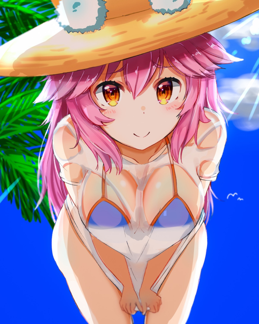 1girl animal_ears bikini bikini_under_clothes blue_bikini breasts closed_mouth commentary_request ears_through_headwear fate/extra fate/grand_order fate_(series) fox_ears fox_tail hat highres large_breasts long_hair looking_at_viewer minami_osu pink_hair shirt side-tie_bikini smile solo straw_hat summer sun_hat swimsuit tail tamamo_(fate)_(all) tamamo_no_mae_(fate) tamamo_no_mae_(swimsuit_lancer)_(fate) wet wet_clothes wet_shirt wet_t-shirt yellow_eyes