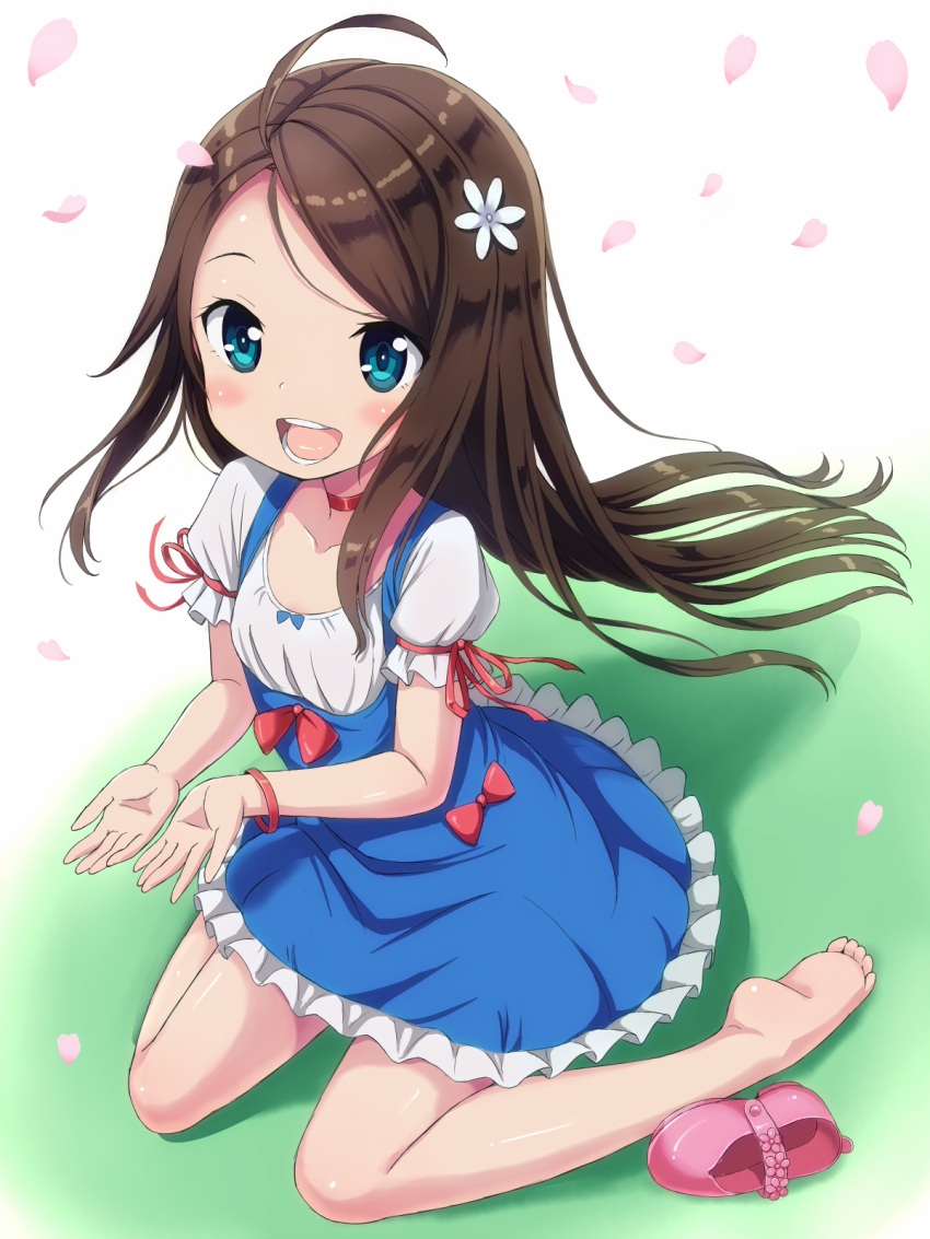 1girl :d ahoge bangs barefoot blue_dress blue_eyes blush bow bracelet brown_hair choker collarbone commentary_request dress flower frilled_dress frills hair_flower hair_ornament highres jewelry kimagure_blue long_hair looking_at_viewer open_mouth original petals pink_footwear puffy_short_sleeves puffy_sleeves red_bow red_choker shirt shoes_removed short_sleeves sidelocks sitting smile soles solo swept_bangs upper_teeth very_long_hair wariza white_flower white_shirt