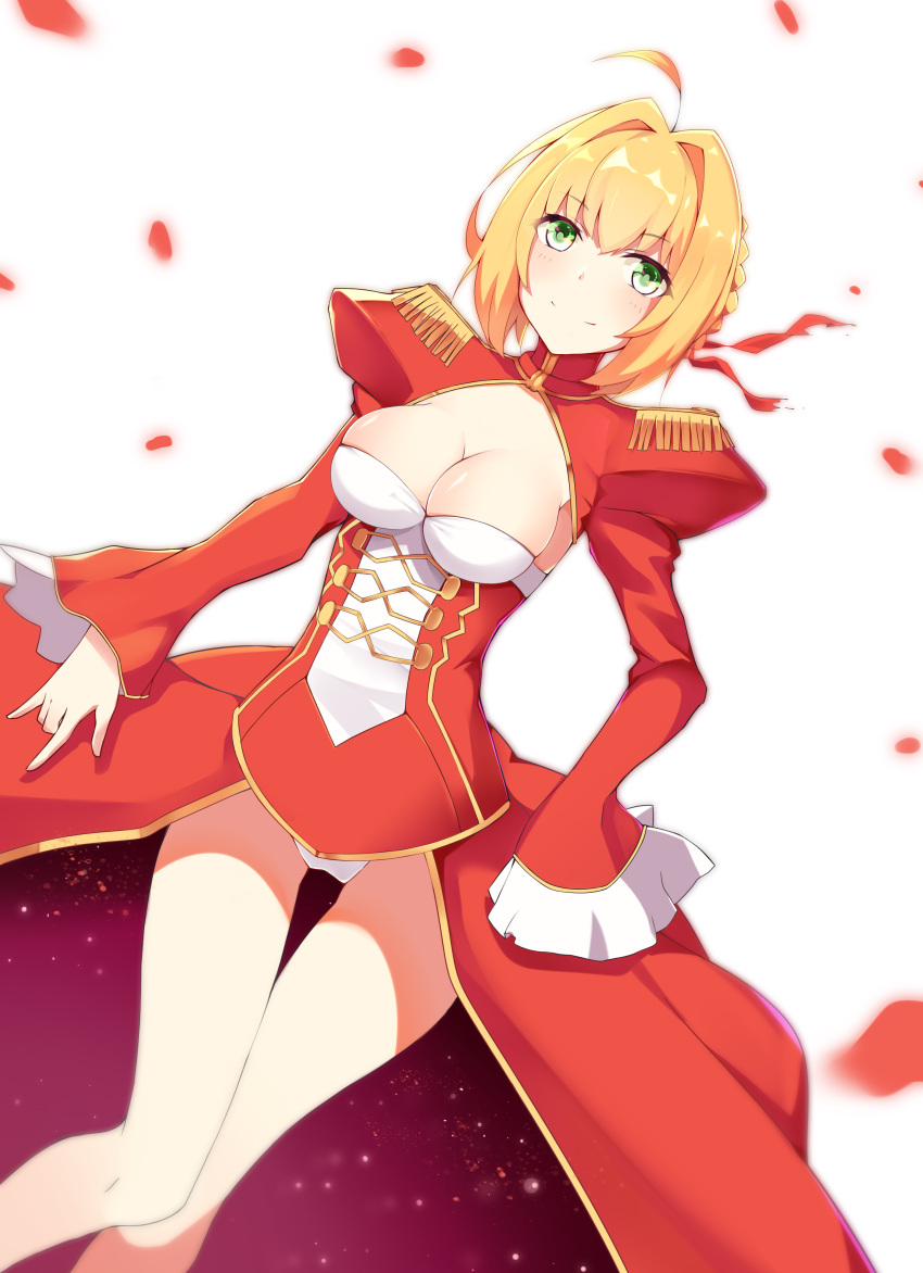 1girl absurdres ahoge blonde_hair blush braid breasts cleavage closed_mouth commentary_request dress epaulettes fate/extra fate_(series) green_eyes hair_between_eyes hair_intakes highres juliet_sleeves large_breasts long_sleeves meng_ge_3_(565571710) nero_claudius_(fate) nero_claudius_(fate)_(all) panties petals puffy_sleeves red_dress simple_background sleeves_past_wrists smile solo underwear white_background white_panties