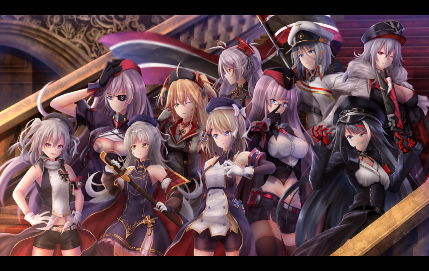 6+girls :d :o adjusting_eyewear admiral_hipper_(azur_lane) ahoge antenna_hair arm_up arm_warmers armband azur_lane badge bangs bare_arms bare_shoulders belt_buckle belt_pouch bike_shorts black_belt black_coat black_gloves black_hair black_hat black_jacket black_legwear black_shorts blonde_hair blue_dress blue_eyes blue_hat blunt_bangs breasts brown_hair buckle cloak closed_mouth coat collarbone commentary contrapposto cowboy_shot cropped_jacket cross cross_earrings cross_hair_ornament crossed_bangs denpa_(denpae29) detached_sleeves deutschland_(azur_lane) double-breasted dress earrings evil_grin evil_smile expressionless eyebrows_visible_through_hair eyepatch finger_on_trigger flag flat_chest floating_hair frilled_dress frills fur-trimmed_cloak fur_trim glasses gloves gneisenau_(azur_lane) graf_zeppelin_(azur_lane) green_eyes grey_cloak grey_gloves grin groin gun hair_between_eyes hair_ornament half-closed_eye half_updo halterneck hand_on_headwear hand_up hands_on_hips hands_up hat hat_ribbon headwear high_collar holding holding_gun holding_sword holding_weapon indoors iron_cross jacket jewelry large_breasts latin_cross letterboxed long_hair long_sleeves looking_at_viewer looking_away looking_to_the_side mechanical_hand medium_breasts medium_hair military military_uniform multiple_girls navel one_eye_closed open_clothes open_coat open_mouth parted_lips peaked_cap pink_eyes print_dress prinz_eugen_(azur_lane) purple_hair red-framed_eyewear red_belt red_coat red_collar red_eyes redhead ribbon shiny shiny_hair shirt short_dress short_sleeves shorts sidelocks silver_hair sleeveless sleeveless_dress sleeveless_jacket small_breasts smile stairs standing stomach straight_hair sword tassel taut_clothes taut_shirt thigh-highs tirpitz_(azur_lane) two_side_up under_boob uniform v-shaped_eyebrows very_long_hair violet_eyes weapon white_belt white_gloves white_hair white_hat white_jacket white_ribbon white_shirt wind wing_collar yellow_eyes z1_leberecht_maass_(azur_lane) z23_(azur_lane) z46_(azur_lane)