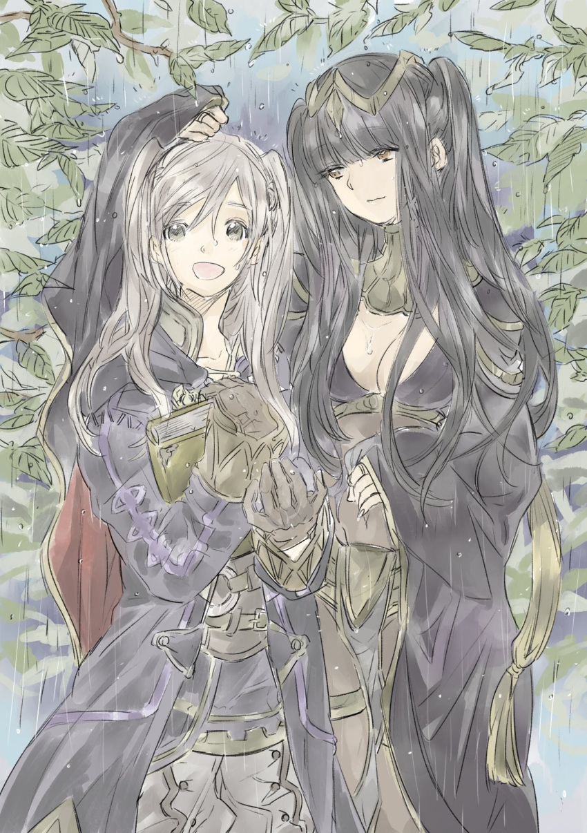 2girls bangle black_hair bodystocking bodysuit bracelet breasts bridal_gauntlets cape cleavage covered_navel female_my_unit_(fire_emblem:_kakusei) fire_emblem fire_emblem:_kakusei highres jewelry long_hair multiple_girls my_unit_(fire_emblem:_kakusei) rain robe skin_tight tharja tiara twintails two_side_up wet white_hair yuri