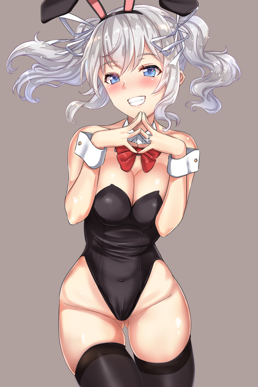 1girl animal_ears bare_shoulders black_legwear blue_eyes blush breasts bunny_girl bunnysuit cleavage cowboy_shot detached_collar fake_animal_ears fingers_together floating_hair gluteal_fold grin hair_ornament hair_ribbon hands_together highleg highleg_leotard highres jewelry kantai_collection kashima_(kantai_collection) large_breasts leotard long_hair open_mouth rabbit_ears ribbon ring sidelocks silver_hair simple_background skindentation sleeve_cuffs smile solo thigh-highs twintails underwear untsue veil wavy_hair wedding_band