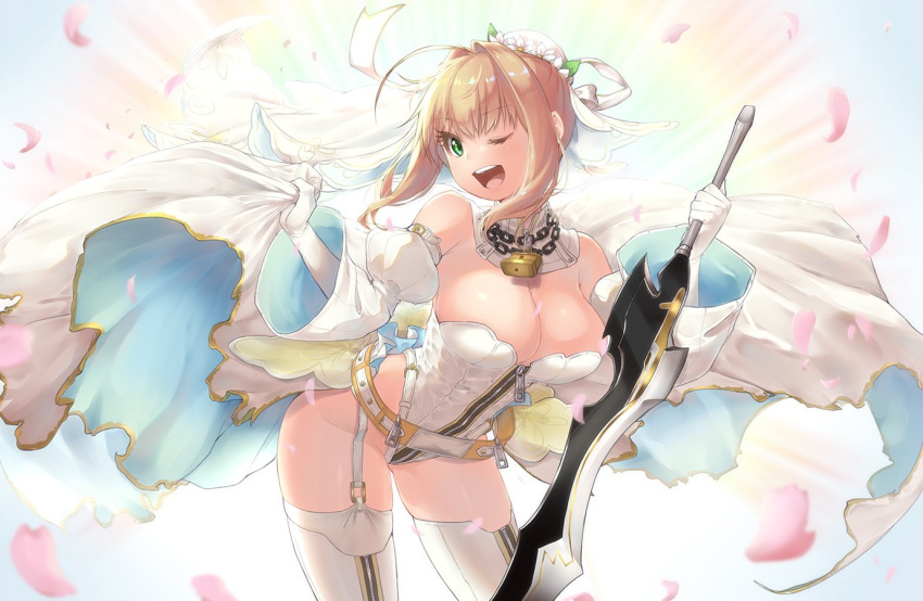 aestus_estus blonde_hair bodysuit breasts bridal_veil chains detached_sleeves fate/extra fate/extra_ccc fate/grand_order fate_(series) full-length_zipper gloves green_eyes hair_intakes large_breasts leotard lock magister_(medical_whiskey) nero_claudius_(bride)_(fate) nero_claudius_(fate)_(all) one_eye_closed open_mouth padlock strapless strapless_leotard thigh-highs veil white_bodysuit white_gloves white_leotard zipper zipper_pull_tab