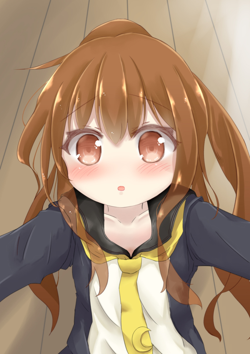 1girl :o bangs black_jacket blush brown_eyes brown_hair collarbone commentary_request crescent crescent_moon_pin eyebrows_visible_through_hair fumizuki_(kantai_collection) hair_between_eyes high_ponytail highres indoors jacket kantai_collection long_hair looking_at_viewer necktie open_clothes open_jacket outstretched_arms parted_lips ponytail remodel_(kantai_collection) ridy_(ri_sui) school_uniform serafuku shirt solo white_shirt wooden_floor yellow_neckwear