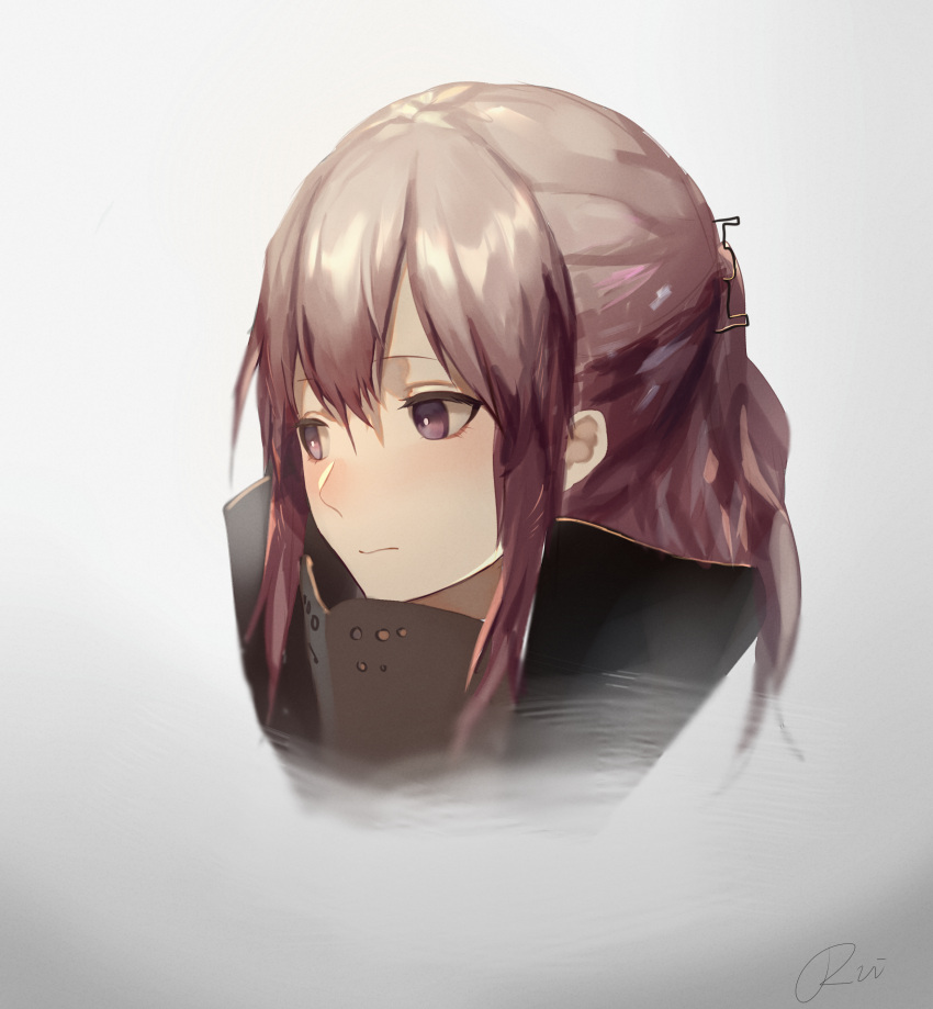 1girl absurdres ajirui armor bangs blue_eyes blush closed_mouth collared_jacket expressionless eyebrows_visible_through_hair girls_frontline grey_background hair_between_eyes hair_ornament highres jacket long_hair looking_away multicolored_hair one_side_up pink_hair portrait remodel_(girls_frontline) sidelocks signature simple_background solo st_ar-15_(girls_frontline) streaked_hair