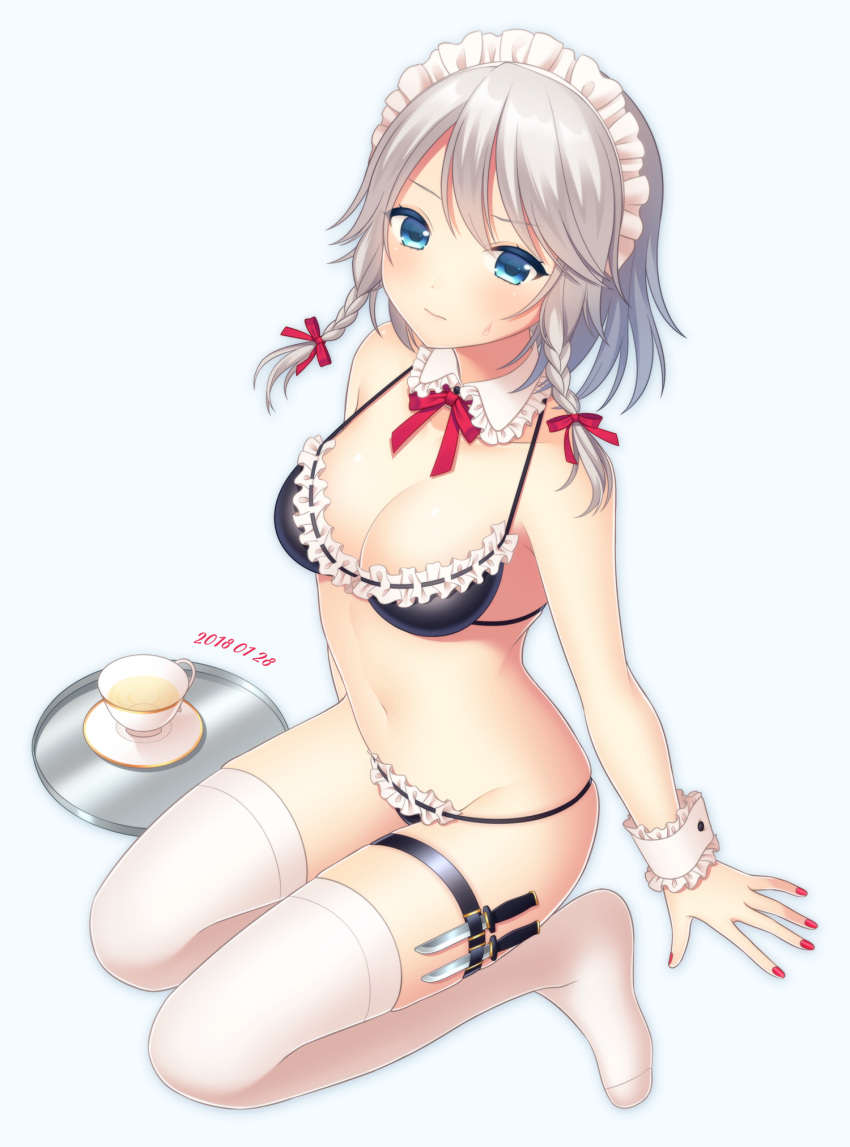 1girl bare_arms bare_shoulders bikini black_bikini blue_background blue_eyes braid breasts cleavage closed_mouth commentary_request cup detached_collar full_body hair_ribbon highres holster izayoi_sakuya knife looking_at_viewer maid_headdress medium_breasts nail_polish navel no_shoes red_nails red_ribbon revision ribbon ribbon-trimmed_bikini ribbon_trim saucer silver_hair simple_background sitting skindentation solo sweatdrop swimsuit tea teacup thigh-highs thigh_holster touhou tray twin_braids white_legwear wrist_cuffs yamayu